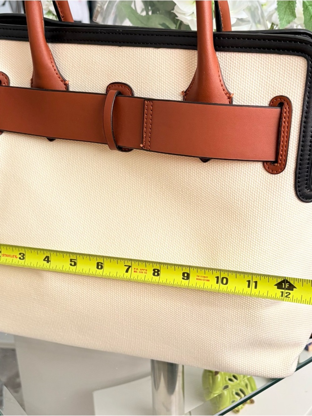 Burberry Cream Canvas Tote with Brown Leather Trim and Black Logo. - Picture 4 of 6